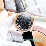 Discount Price Replica Cartier Ballon Bleu de Rose Gold Carving Bezel Black Leather Strap Watch